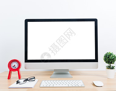 办公室监视器计算机 木板上的鼠标钥匙作家桌子花瓶笔记木头技术屏幕展示记事本图片