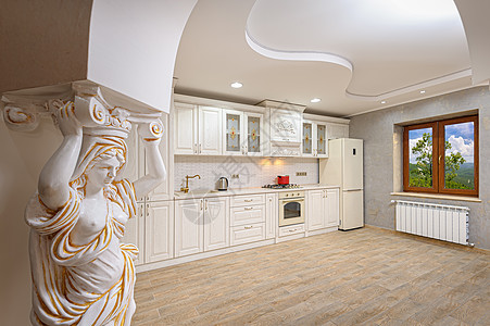 现代白色和蜜蜂式豪华奢华厨房内陈列室家具器具曲线窗户雕塑奶油天花板雕像房子图片