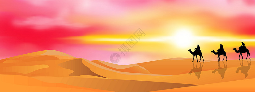 日落时沙漠中的骆驼商队图片