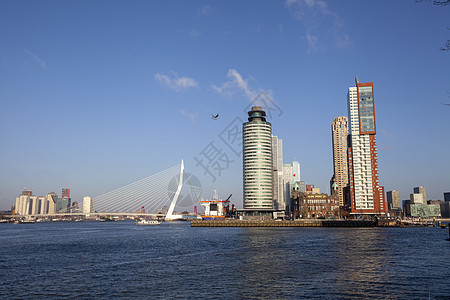 荷兰现代鹿特丹天空线全景 荷兰港口旅行建造市中心蓝色运输天际反射旅游城市图片