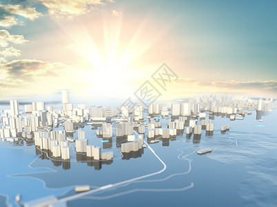 3D 插图 阳光明媚的未来城市晴天商业建筑师摩天大楼天空场景日落日光市中心反射图片