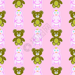 可爱的宝宝和熊无缝模式隔离在粉红色的背景 快乐的孩子孩子和玩具纹理图片