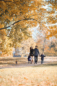秋季公园的家庭步行女性孩子们快乐宠物父母叶子季节微笑妈妈童年图片
