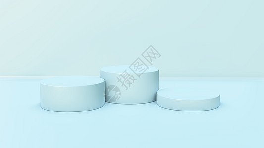 带讲台的最小场景  3D插画圆形平台蓝色作品织物窗帘空白3d展示曲线图片
