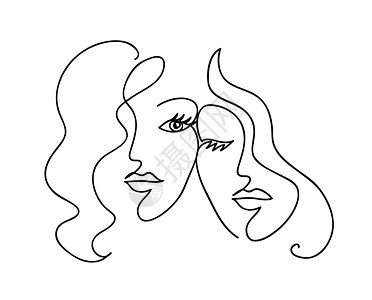 情侣女朋友和姐妹 卷发的女人脸 时尚友谊和爱情概念 黑白手绘线条艺术 它制作图案的抽象轮廓矢量图片