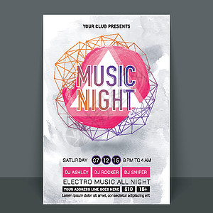 音乐之夜传单模板或横幅设计打碟机音乐会迪厅夜生活展示海报庆典派对娱乐夜店图片