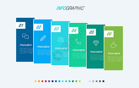 彩色图表信息图表模板 具有 6 个选项的时间轴 业务的工作流过程 矢量设计 冷色调图片