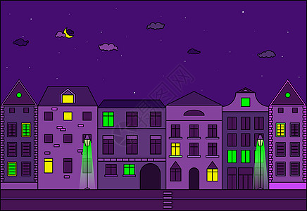 城市在晚上矢量图 欧洲城市的老街插图地标石头住宅住房房子中心摩天大楼路灯旅行图片