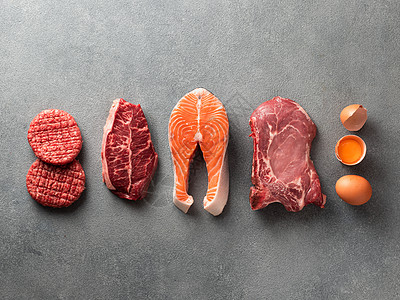 食肉或keto饮食 零或低碳水化合物概念 最高视图烹饪牛肉碳水牛扒食物猪肉赌注眼睛动物石头图片