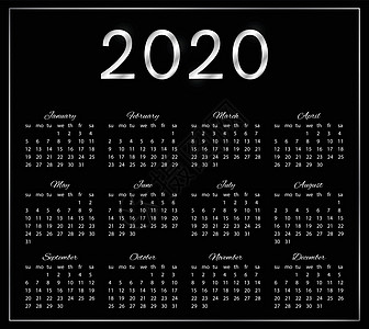 黑色背景的 2020 年优雅日历图片