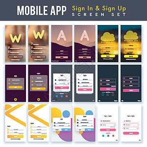 一组移动登录和注册 UI 模板屏幕星级数字手机报名媒体体验社交用户界面商业图片