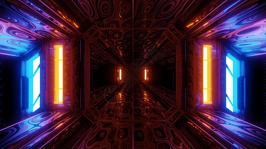 未来派科幻空间机库隧道走廊 3d 插图与抽象眼睛纹理背景 wallpape粉色玻璃窗蓝色辉光运动橙子艺术房间墙纸渲染图片