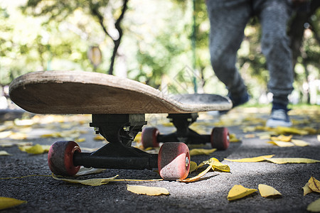 带滑板的男孩长板公园乐趣运动滑冰娱乐街道溜冰者孩子树叶图片