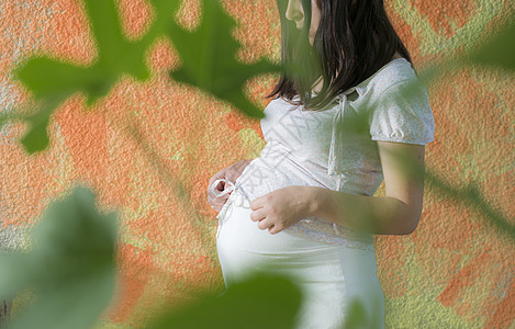 橙色墙前的孕妇裙子怀孕肚子白色粉色母性橙子女性父母黄色图片