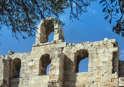 雅典的帕台农教历史性古董游客废墟旅行建筑考古学纪念碑地标蓝色图片
