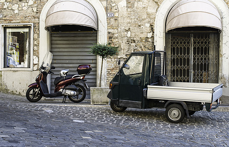 意大利三轮车摩托车车轮展示旅行白色车辆运输脚踏车图片