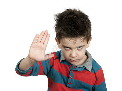 小男孩用手举起手来停下来危险概念警告手势安全孩子们控制情感青年白色图片