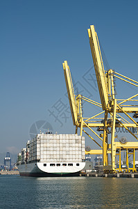 装满集装箱港口的货运商货物货运贮存起重机后勤码头血管蓝色贸易载体图片