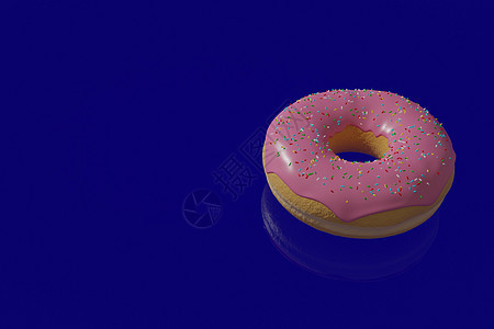 蓝色背景上带有粉红色糖霜的甜甜圈的 3d 插图图片