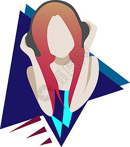 蓝色三角形背景上戴着大耳机的彩色头发女孩图片
