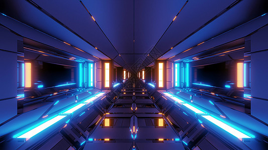 未来科幻空间机库隧道走廊与发光灯和反射 3d 插图 3d 渲染壁纸背景蓝色运动艺术橙子反光辉光玻璃窗墙纸图片