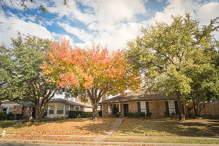 在秋季秋季多色叶子下 达拉斯附近的典型单身家庭房屋前院很美人行道富裕房子财富入口住宅草地露台车道居民区图片