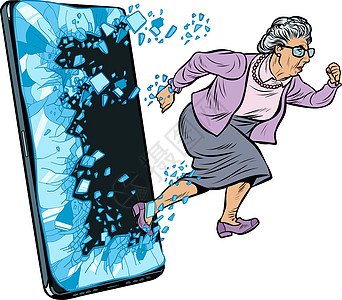 女性退休女士和新技术概念 祖母在智能手机的屏幕上打孔然后上网长老快乐技术服务工具幸福程序养老金流行音乐老年图片