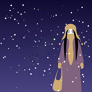 冬天的夜行雪 穿着暖和的衣服走路和背着 ba 的女孩图片