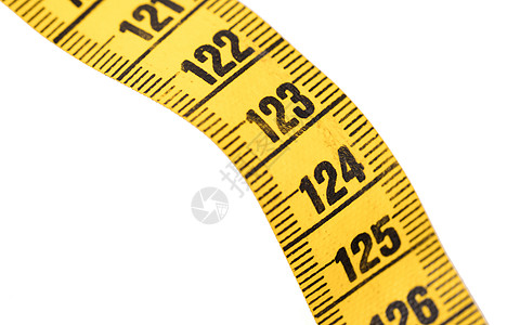 特写白色  124上隔离的黄色测量带裁缝带水平饮食剪裁尺寸卷尺数字磁带损失图片