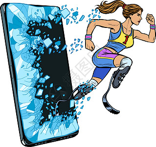 带假肢的女赛跑者残疾腿 电话小工具智能手机 在线互联网申请服务程序竞赛屏幕成人短跑赛跑者障碍跑步人士漫画流行音乐图片