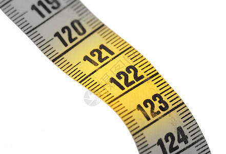 特写白色上隔离的黄色测量带  122裁缝带卷尺测量饮食磁带剪裁尺寸数字损失水平图片