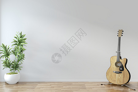 空房间十个最低设计 吉他和植物在地板上图片