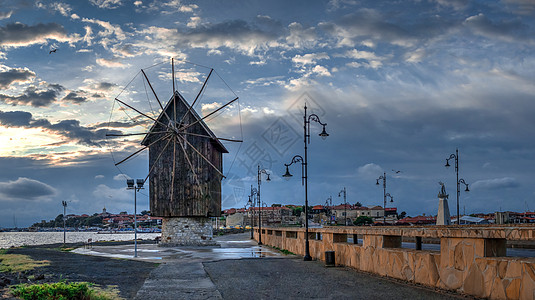 保加利亚Nessebar老风车长廊旅游文化遗产旅行海岸古城防御建筑城市堡垒图片