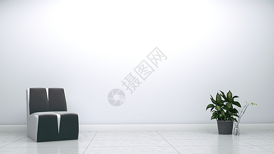灰臂椅和在白墙上植树的白色壁上的空背景 3D 矩形背景图片