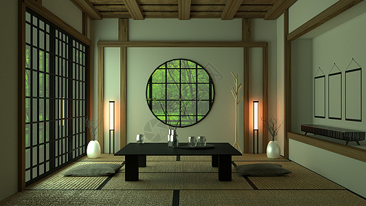 设计日式日式3D艺术商事寺庙传统庆典桌子学习榻榻米渲染地面图片
