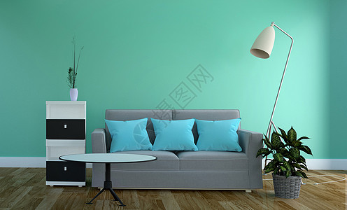绿色薄荷墙  客厅内部 木地板上配有沙发桌子窗户渲染家具蓝色风格孩子流行音乐海报墙纸图片