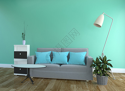 绿色薄荷墙  客厅内部 木地板上配有沙发蓝色装饰窗户桌子作品流行音乐孩子风格地面框架图片