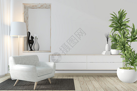 现代制子室和装饰3D的内阁式渲染植物小样桌子家具屏幕框架风格房间电视图片