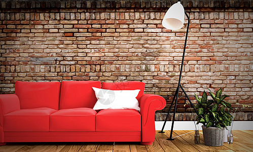 红色沙发和枕头与房间砖墙背景在木 f图片