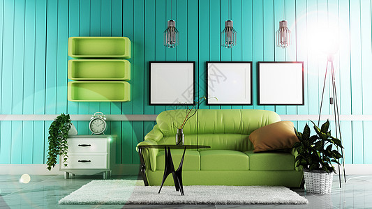 与沙发绿色和白色地毯的现代客厅内部图片