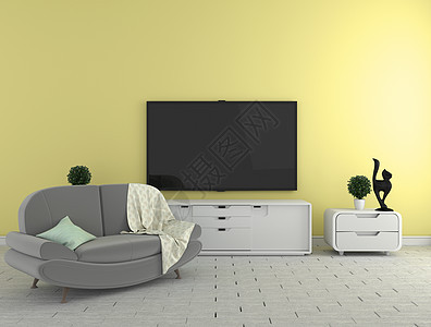 柜子上的电视 — 黄墙背景的现代客厅图片