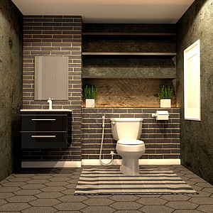 六边瓷砖地板上带有黑砖的厕所阁楼风格 3D R图片