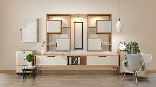 装饰和装饰 在现代zen空房间 最小设计架子桌子植物休息室屏幕内阁木头建筑学房子小样图片