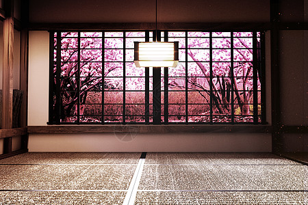 原设计  室内房间内 有窗口视图Sakura树 Jap建筑樱花工业房子白色玻璃框架金属空白渲染图片