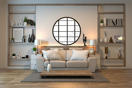 带沙发扶手椅的极简室内设计房间禅宗风格卧室内阁创造力搁板木头调色板框架渲染家庭家具图片