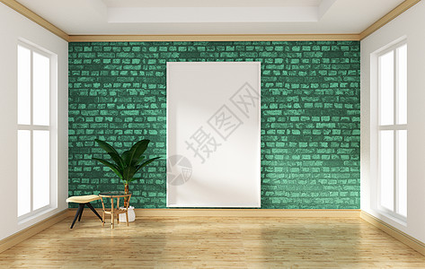 室内设计内置设计空房绿砖墙和木地板图片