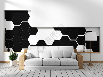 有沙发和黑六边瓷砖墙的房间 3D图片