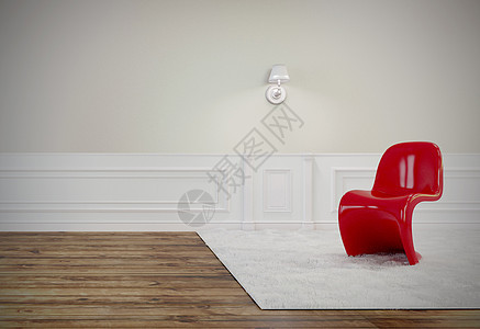 客厅里有一把漂亮的红色椅子木地板和 whi图片