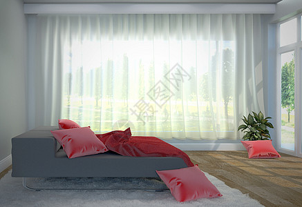 卧室内部 — 黑床和带树和鲤鱼的红色枕头图片