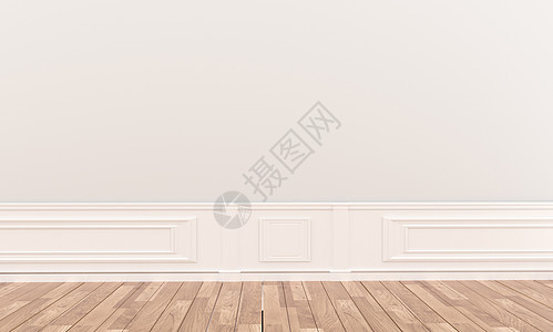 白色墙壁和木制面板地板的空空白色房间 3d r图片